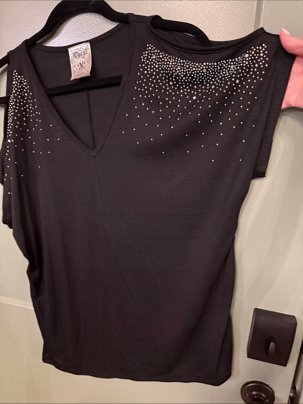 Vocal Black Short Sleeve V-Neck Top with Crystal Embellishments